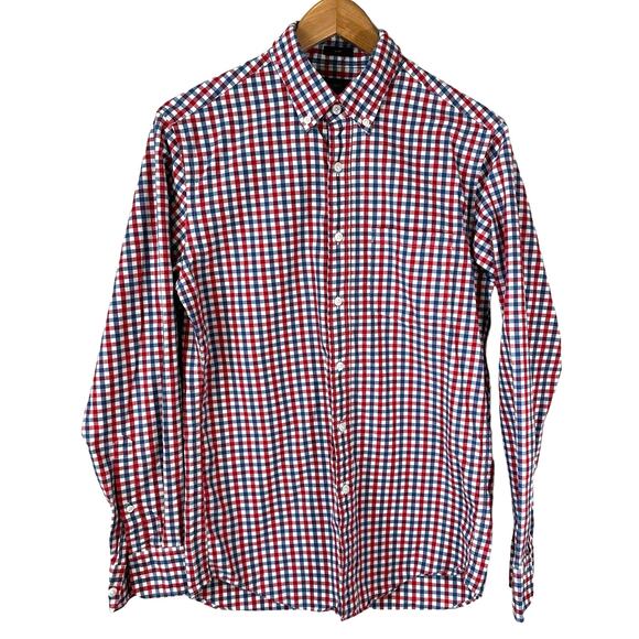 J Crew Mens Slim Fit Red Blue Checkered Button Down Shirt Plaid Small Nautical - Picture 1 of 7